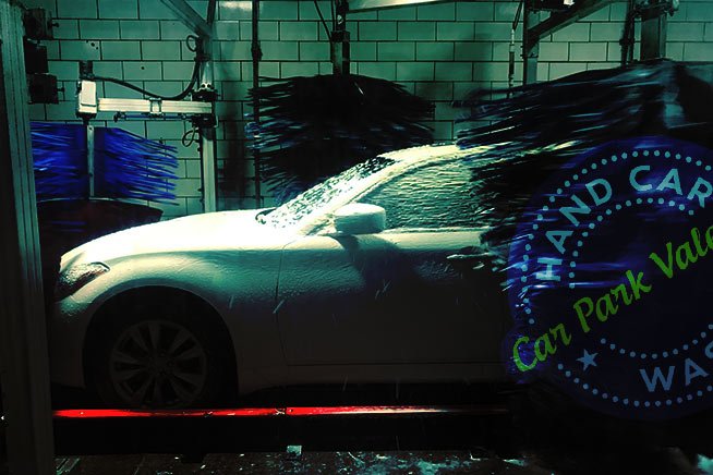 white car goes through automatic car wash and brushes are spinning with cpv logo