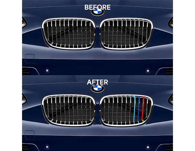 before and after close up of bmw grille insert stripes on bmw car at cpv hand car wash watford morrisons