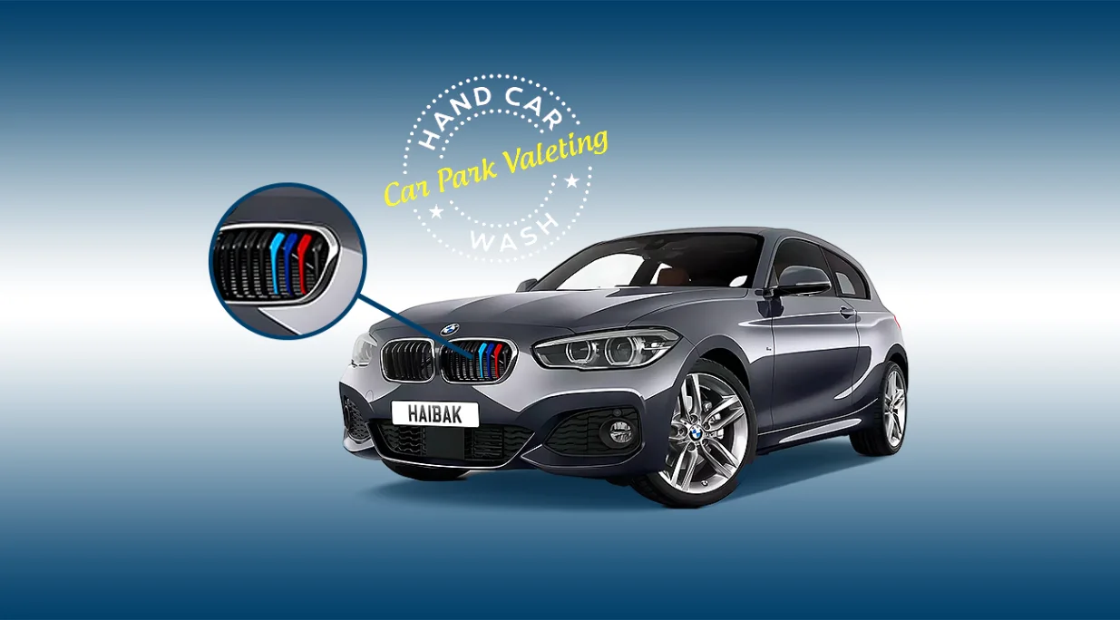 hero banner image of luxury bmw car with 3 mulitcolour grille inserts with cpv hand car wash watford logo