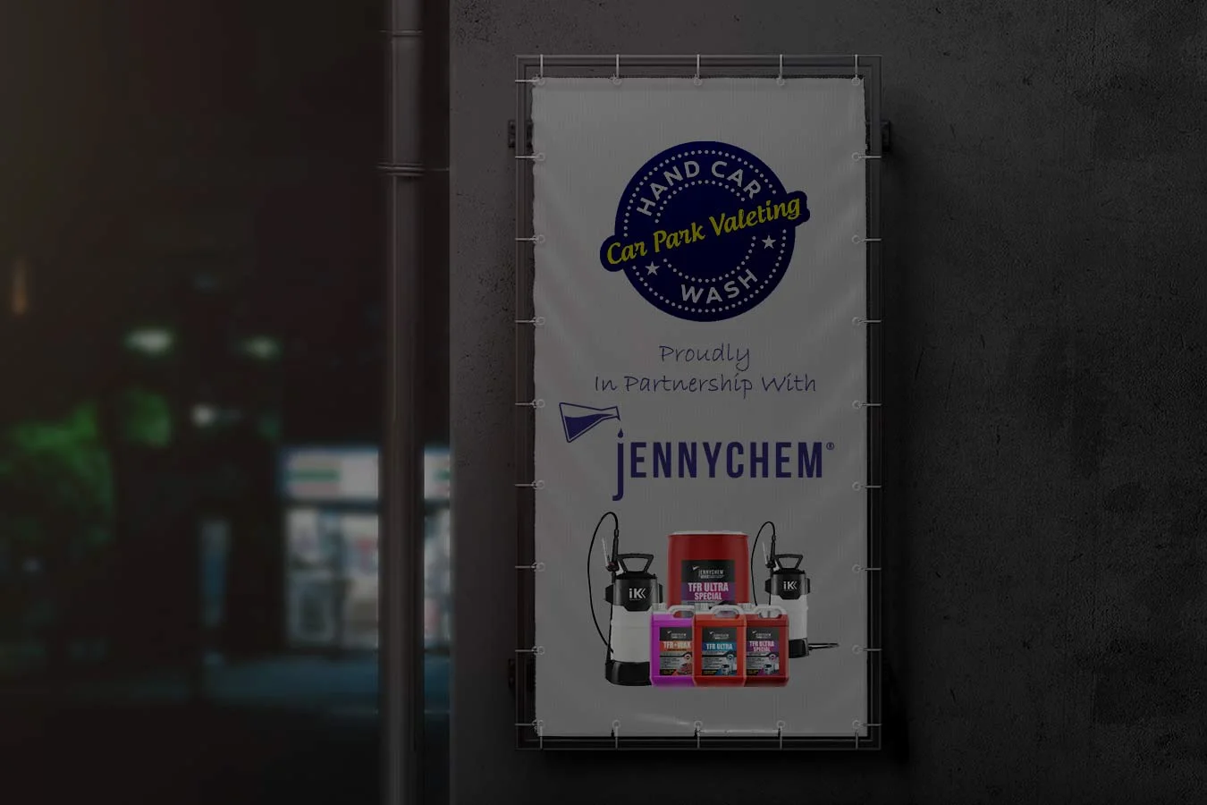 cpv car wash in business partnership with jennychem professional cleaning detergents street banner ad